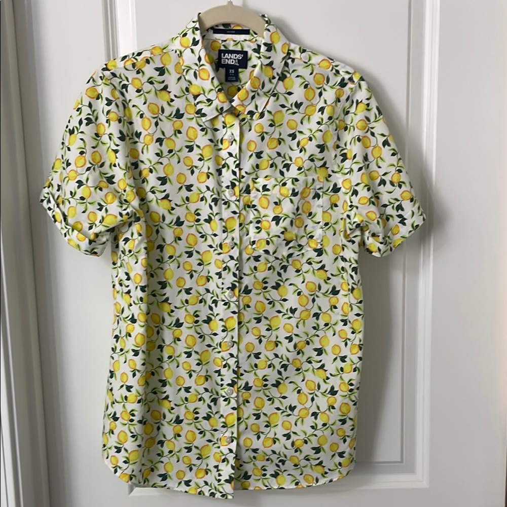 Lands' End White and Yellow Button Down No Iron Shirt
